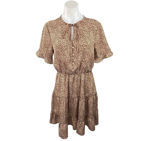 KIRUNDO Brown Animal Leopard Print Keyhole Short Sleeve Tiered A-Line Dress S - Picture 1 of 5